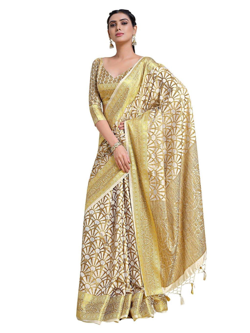 Mimosa Women's Off-White Kanjivaram Art Silk Saree | Grocsy