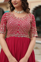 Vastranavya Faux Blooming with Embroidery Zari Sequins-work Gown - Pink | Grocsy