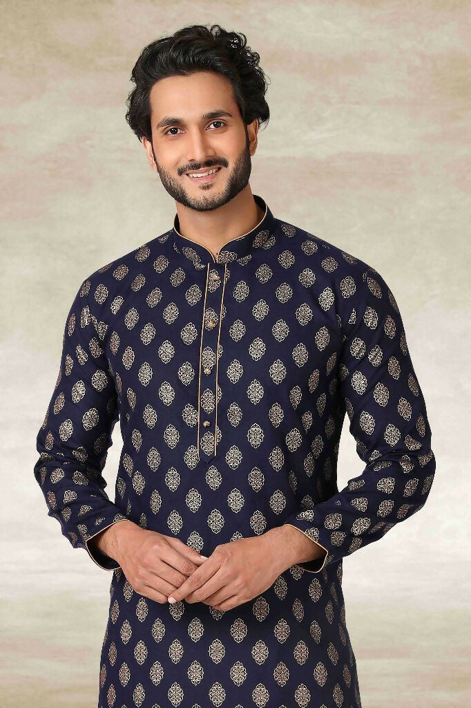 Raivat Ethnic Cotton Printed Work Kurta Pajama In Navy Blue Colour | Grocsy
