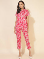 Janasya Women's Pink and White Cotton Printed Casual Regular Co-ords | Grocsy