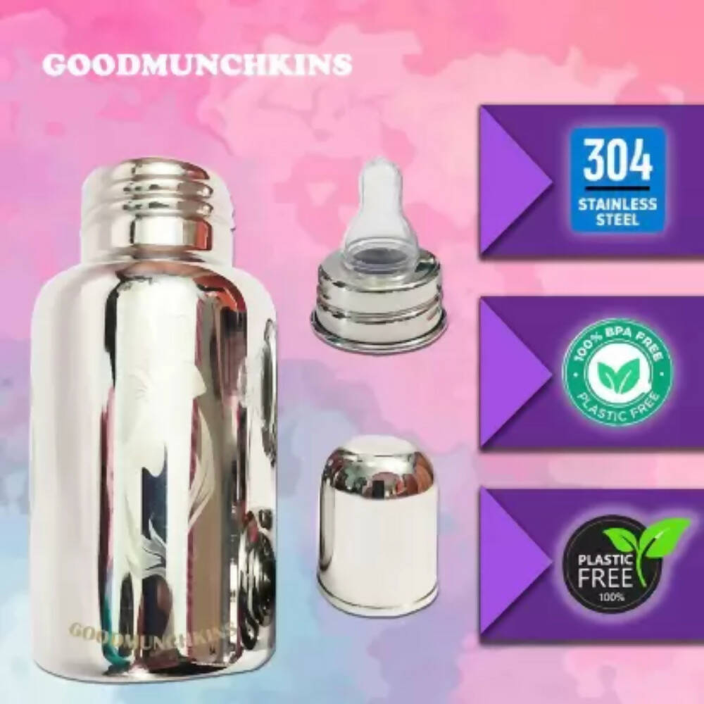 Goodmunchkins Stainless Steel Feeding Rustfree Bottle with 2 Anti Colic Silicone Nipple For Kids 220 ml | Grocsy