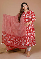 Miravan Women's Plus Size Floral Printed Cotton Anarkali Kurta With Dupatta | Grocsy