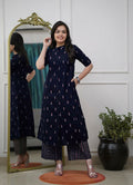 Teeya Creation Stylish Navy Blue Cotton Kurta With Geometric Print And Matching Palazzos | Grocsy