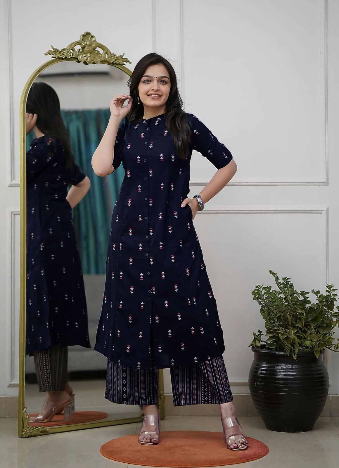 Teeya Creation Stylish Navy Blue Cotton Kurta With Geometric Print And Matching Palazzos | Grocsy