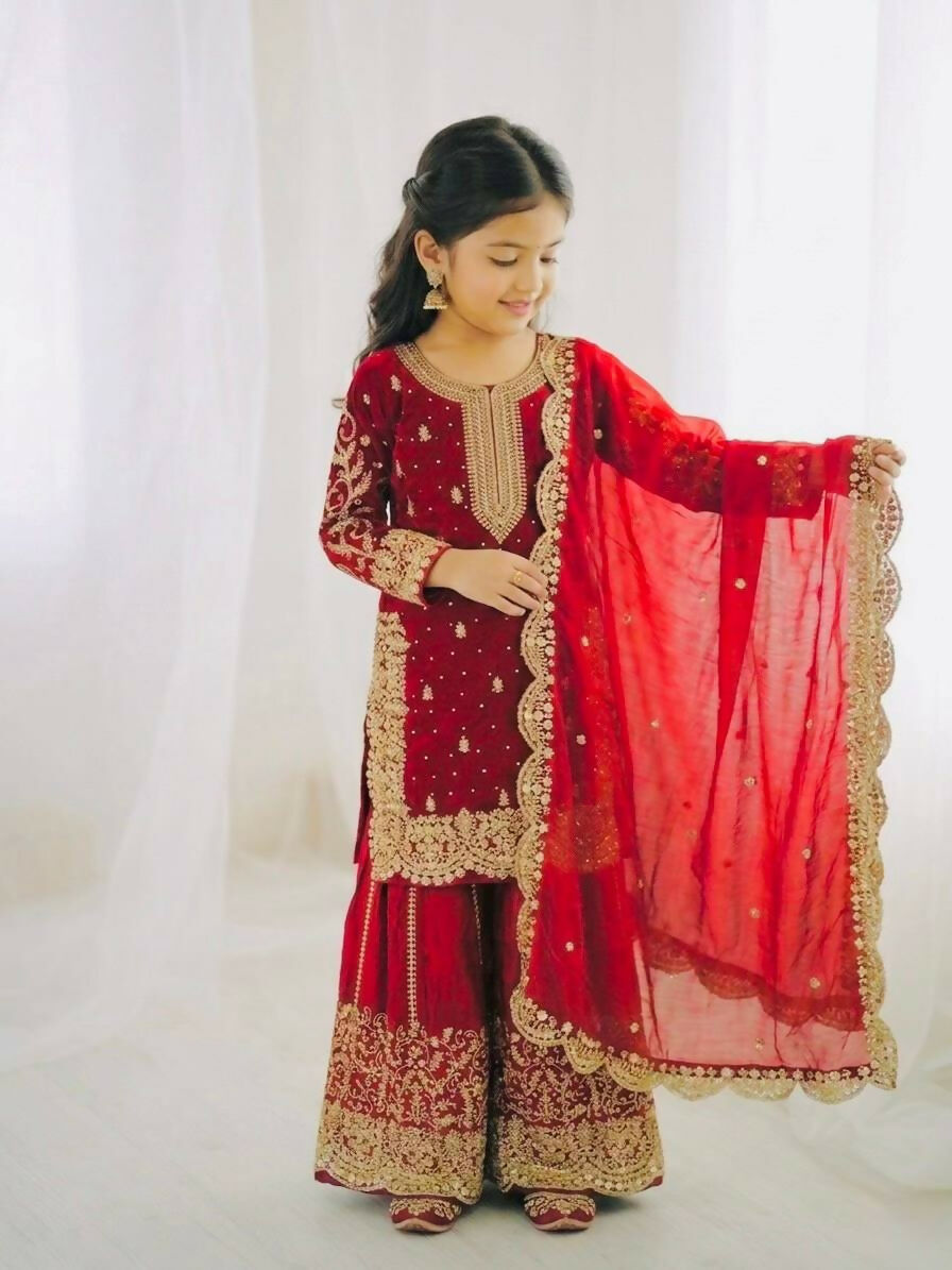 Teeya Creation New Trendy Fully Stitched Ready to Wear Kids Kurta Palazzo Set-Red | Grocsy