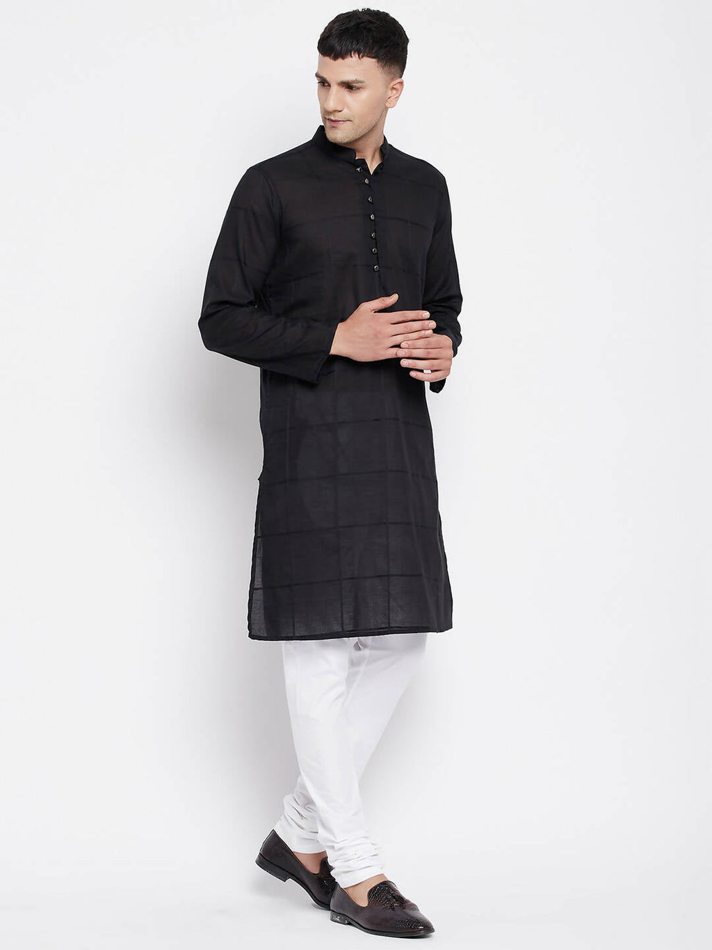 Even Apparels Pure Cotton Men's Kurta in Black Color With Band Collar | Grocsy