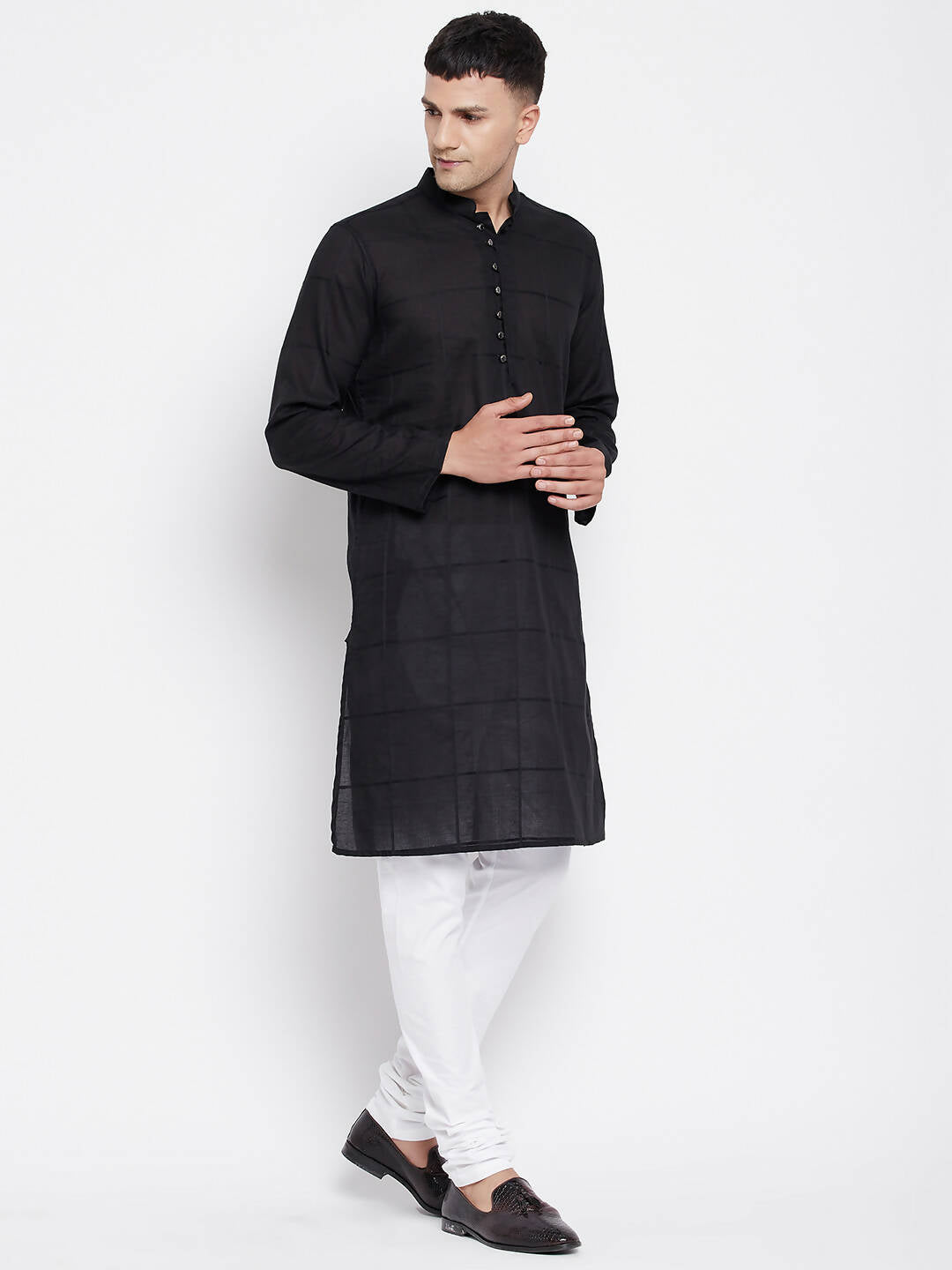 Even Apparels Pure Cotton Men's Kurta in Black Color With Band Collar | Grocsy