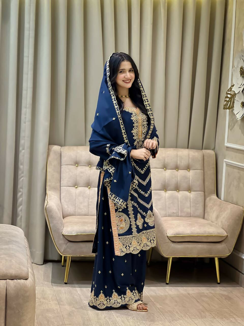 Teeya Creation Blue Color Chinon Silk Party Wear Trending Palazzo Set | Grocsy