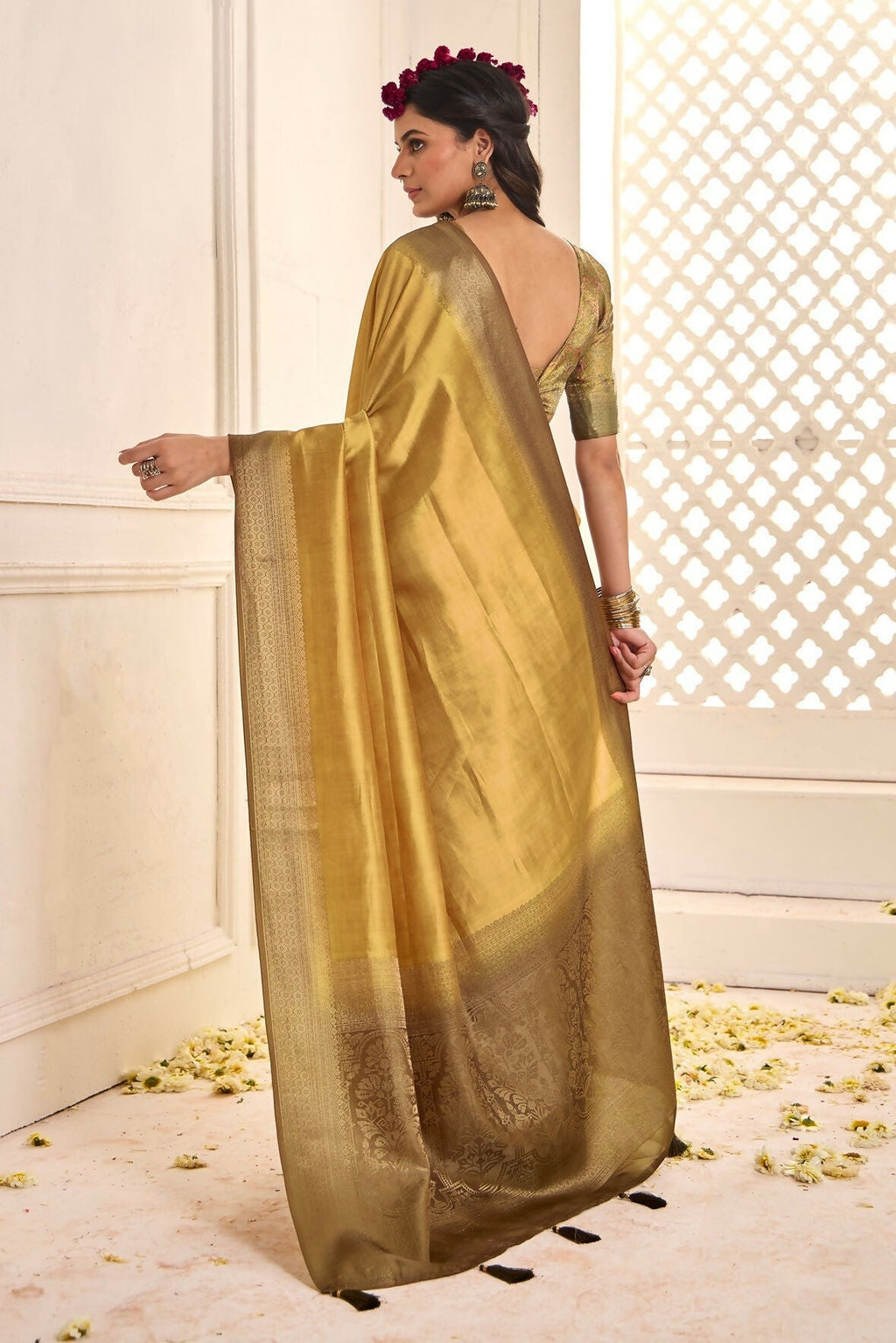 Joban Fashion Satin Silk With Zari Border Mustard Colored Designer Pallu Saree | Grocsy