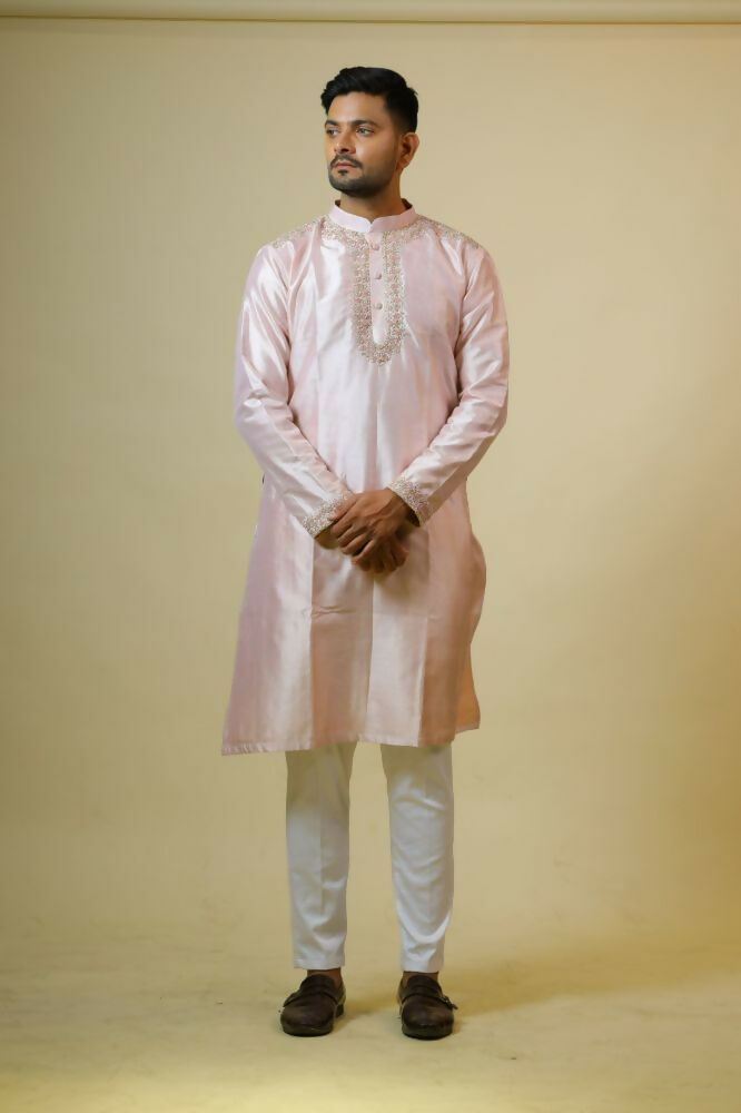 Light Coral Embroidered Collar Designer Kurta by Hilo Design | Grocsy