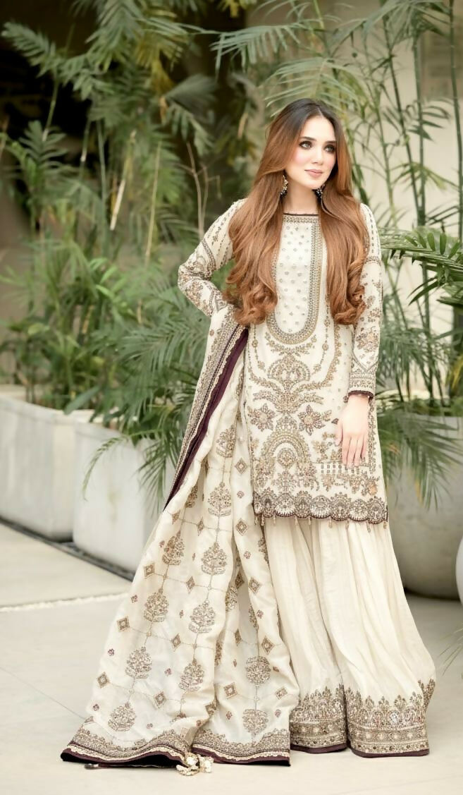 Teeya Creation White Faux georgette Designer heavy work Wedding Wear Palazzo pair | Grocsy