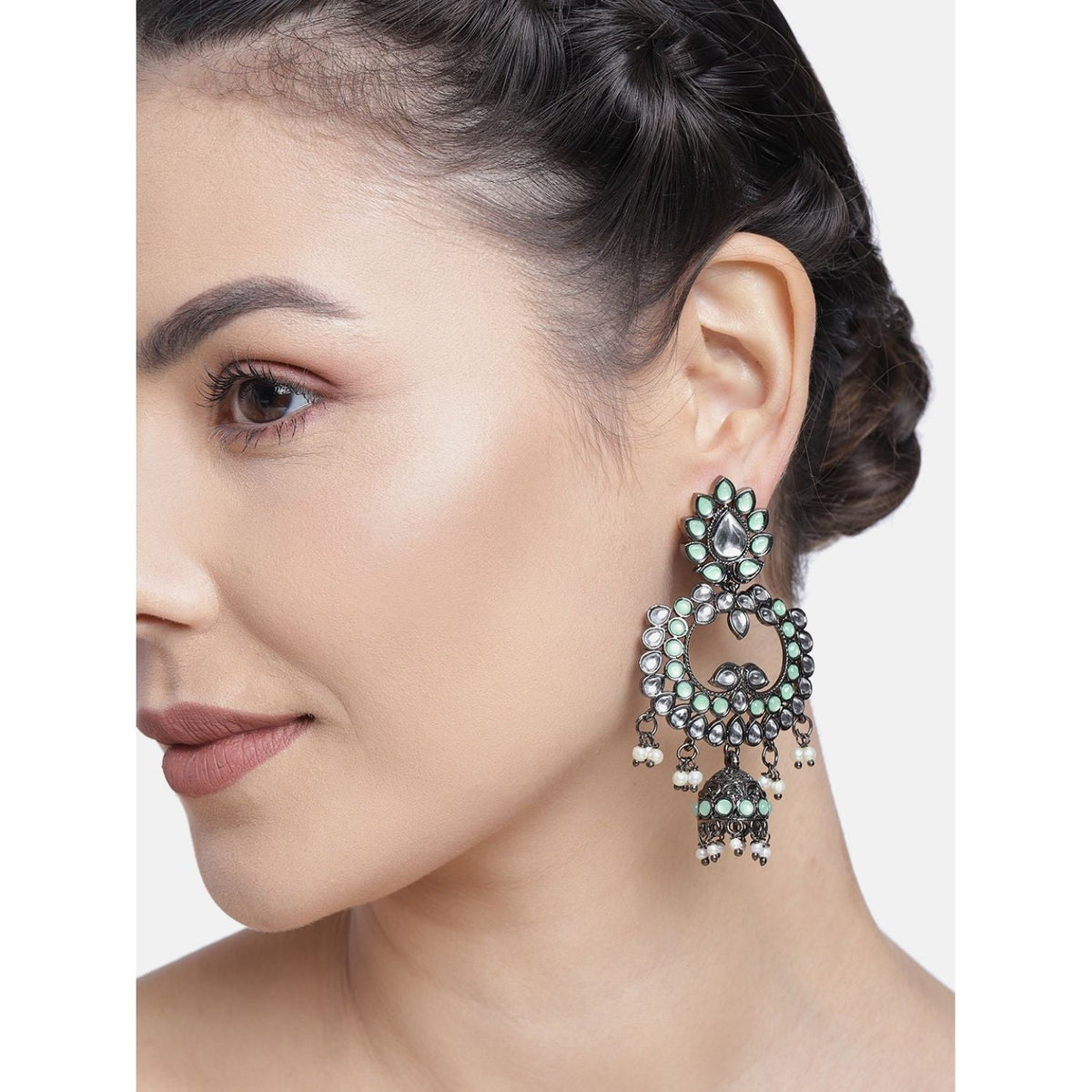 Ethnic Silver Oxidised Traditional Kundan & Stone Jhumka Earrings For Women - Wahe Jewels - Swadesiicart