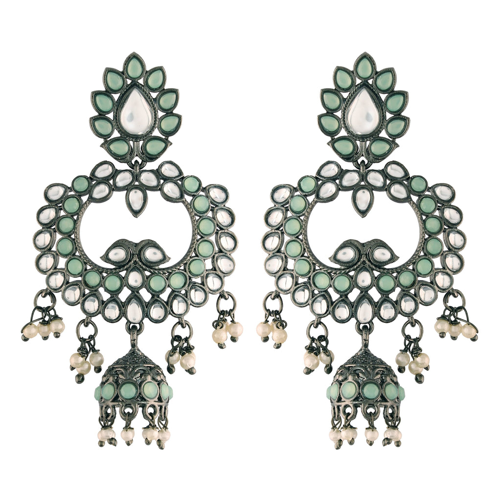 Ethnic Silver Oxidised Traditional Kundan & Stone Jhumka Earrings For Women - Wahe Jewels - Swadesiicart