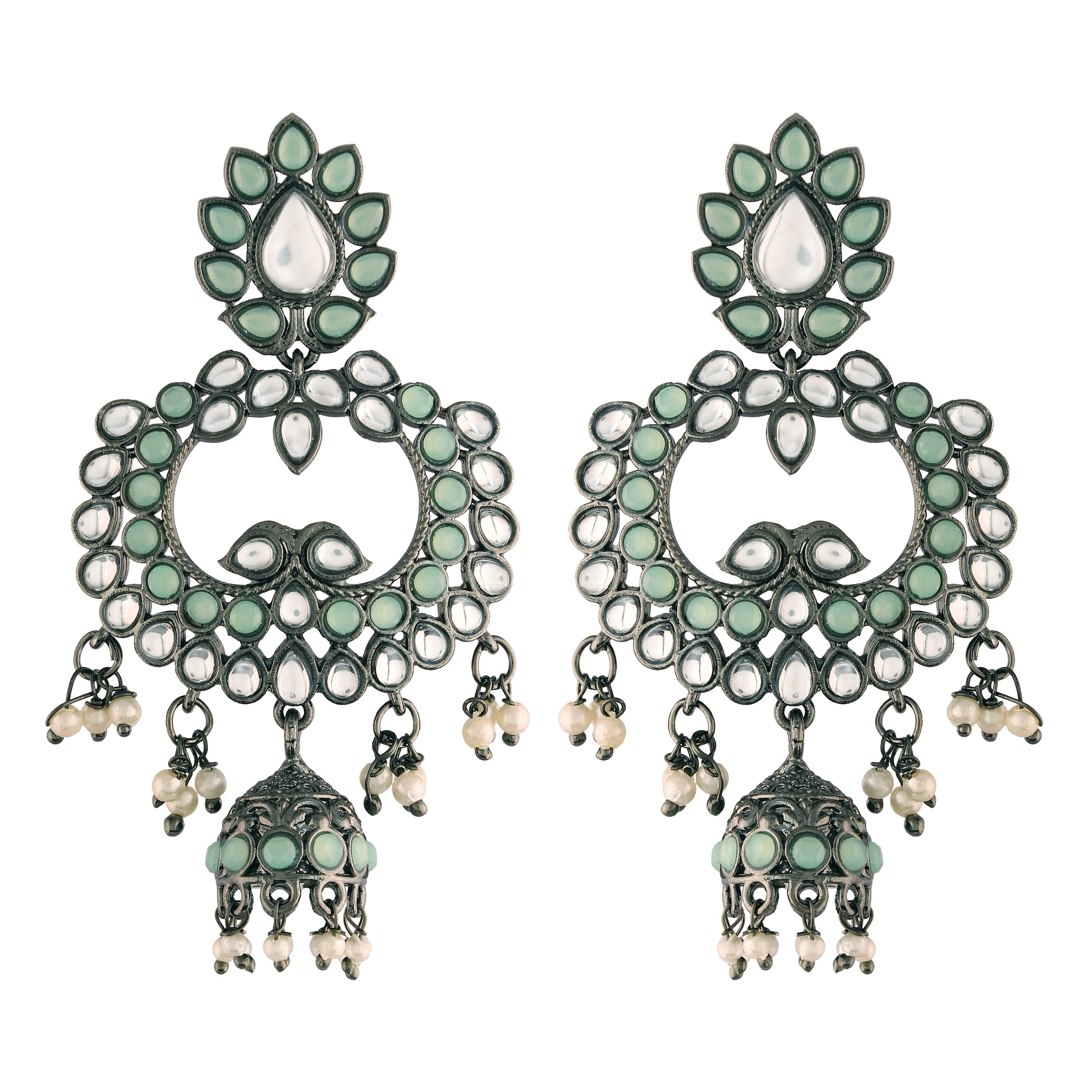 Ethnic Silver Oxidised Traditional Kundan & Stone Jhumka Earrings For Women - Wahe Jewels - Swadesiicart