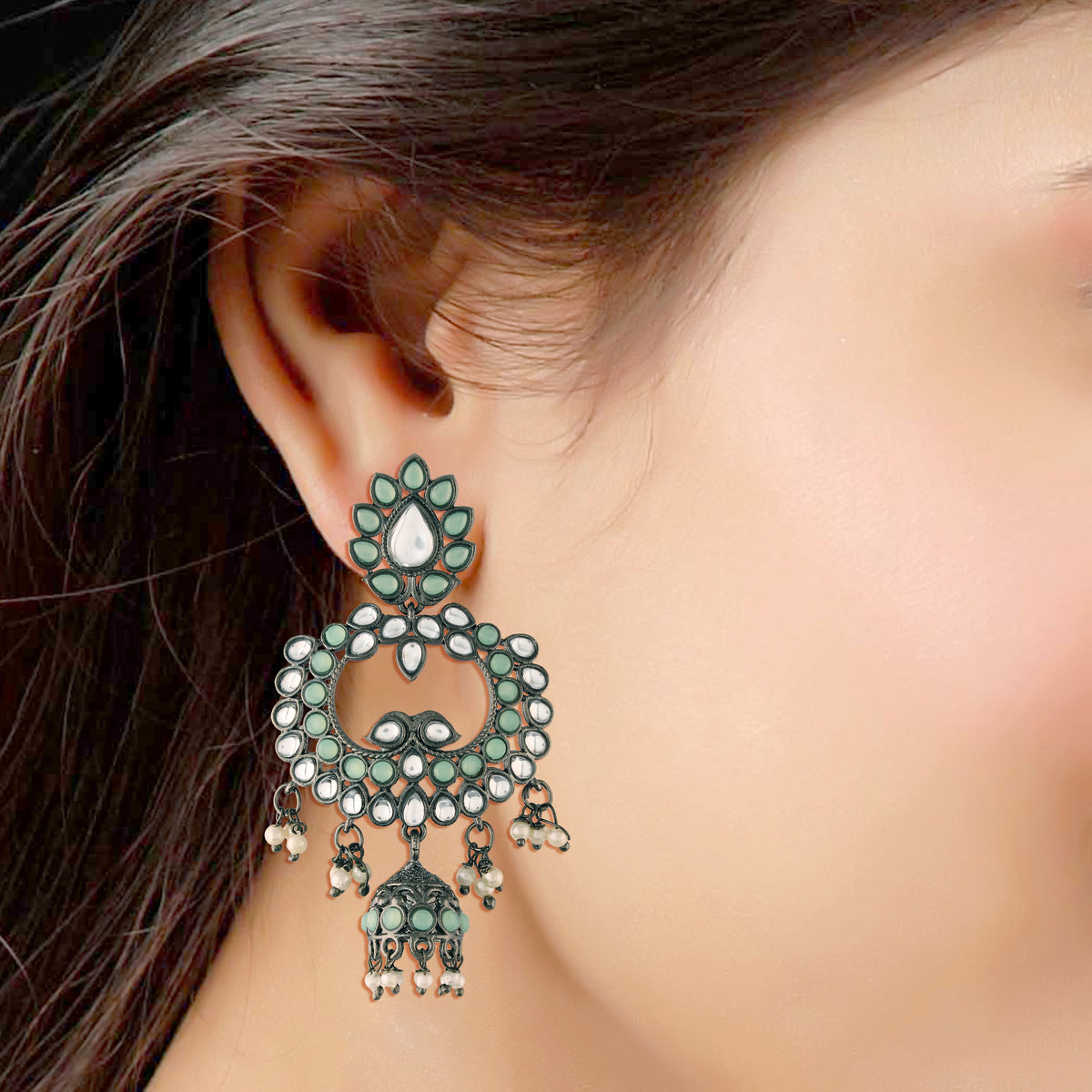 Ethnic Silver Oxidised Traditional Kundan & Stone Jhumka Earrings For Women - Wahe Jewels - Swadesiicart