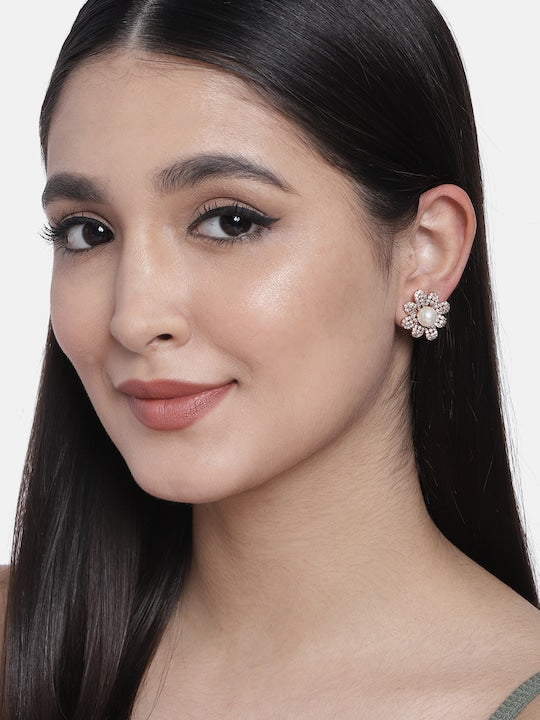 Stylish Latest Fashion Rose Gold-Polished & White Floral Studs Earrings for Women - Wahe Jewels - Swadesiicart