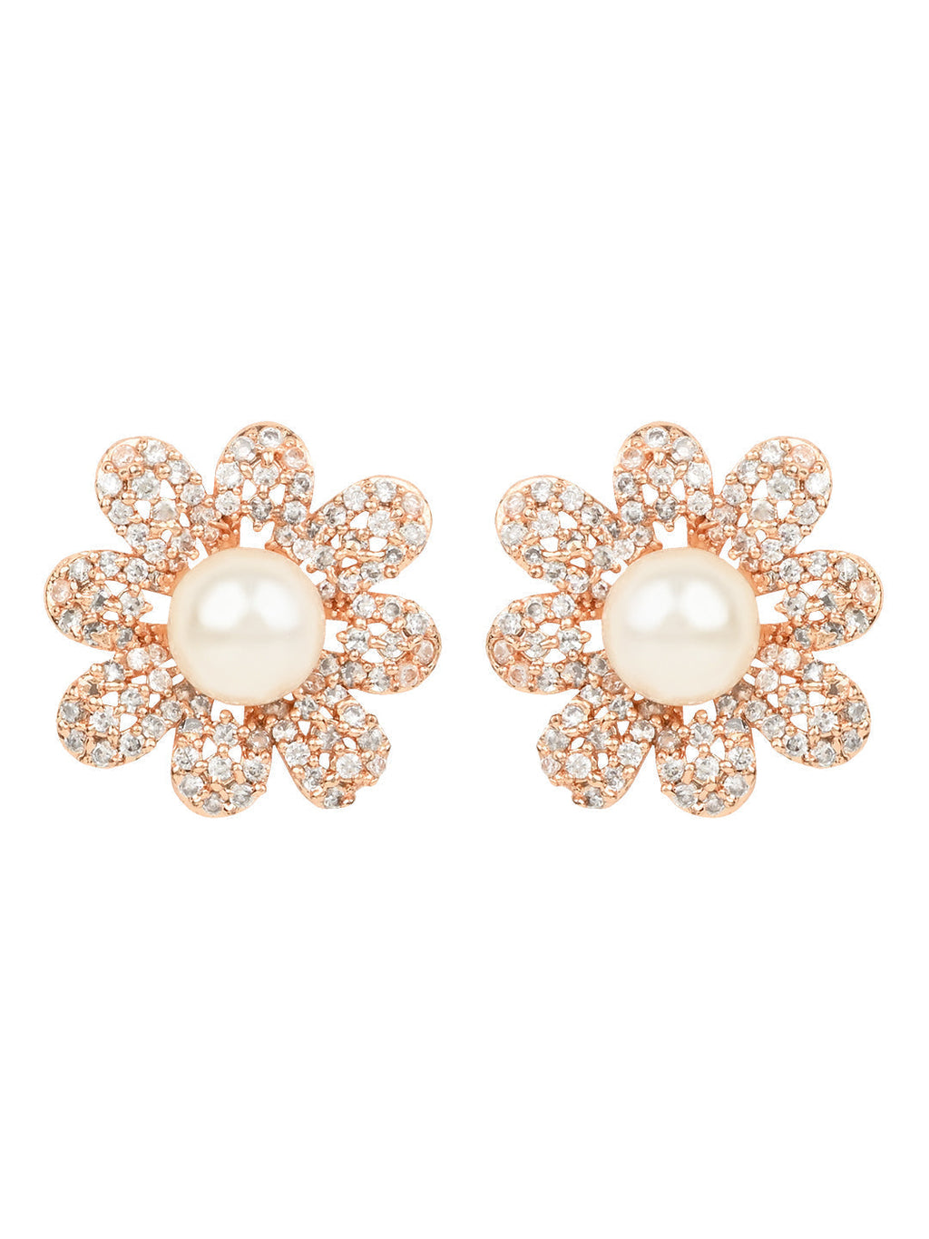 Stylish Latest Fashion Rose Gold-Polished & White Floral Studs Earrings for Women - Wahe Jewels - Swadesiicart