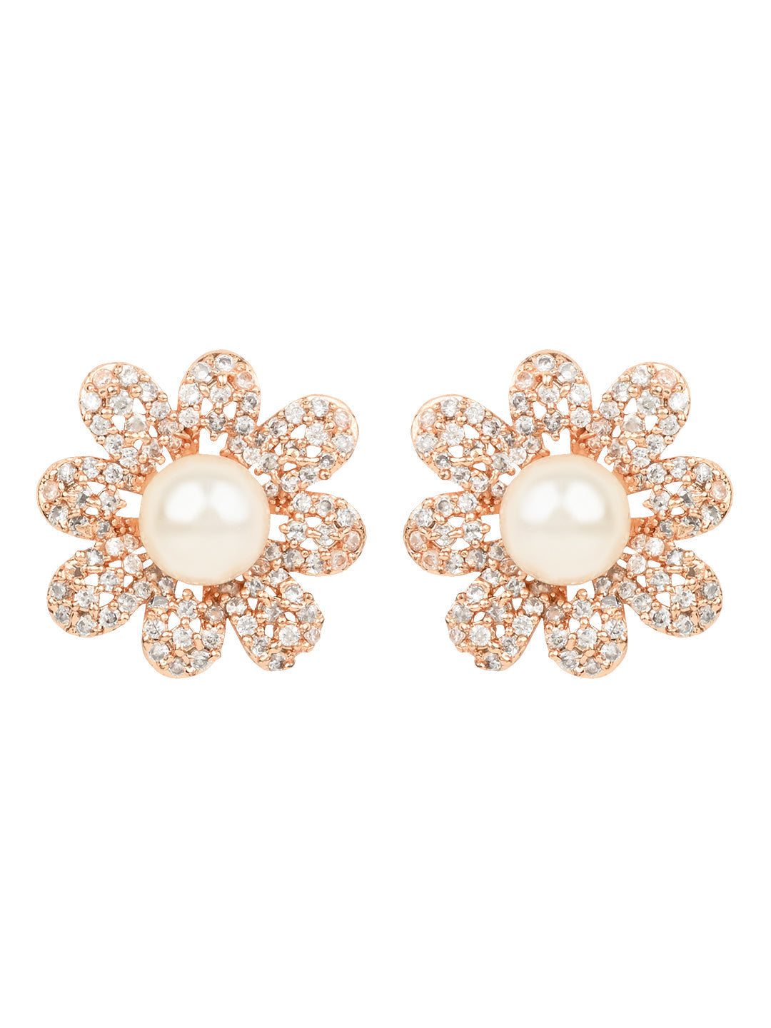 Stylish Latest Fashion Rose Gold-Polished & White Floral Studs Earrings for Women - Wahe Jewels - Swadesiicart