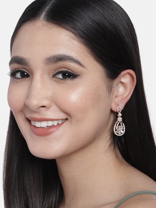 Stylish Latest Fashion Rose Gold-Polished & White AD Drop Earrings for Women - Wahe Jewels - Swadesiicart