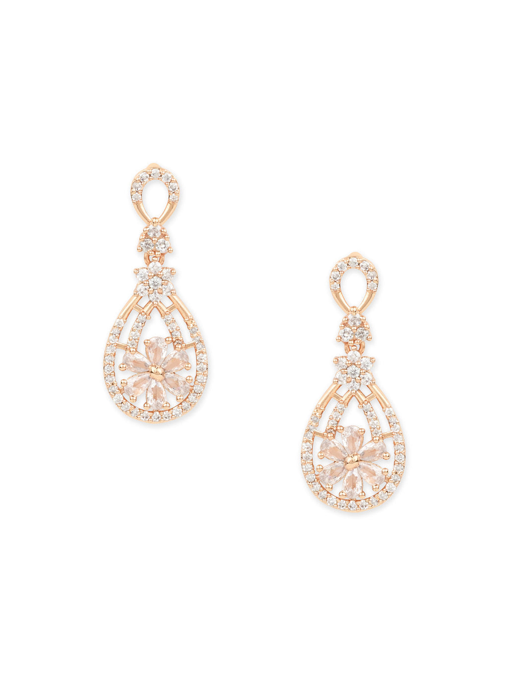 Stylish Latest Fashion Rose Gold-Polished & White AD Drop Earrings for Women - Wahe Jewels - Swadesiicart