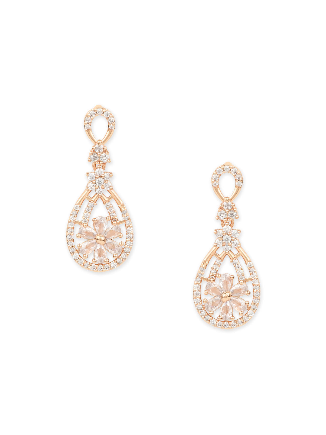 Stylish Latest Fashion Rose Gold-Polished & White AD Drop Earrings for Women - Wahe Jewels - Swadesiicart