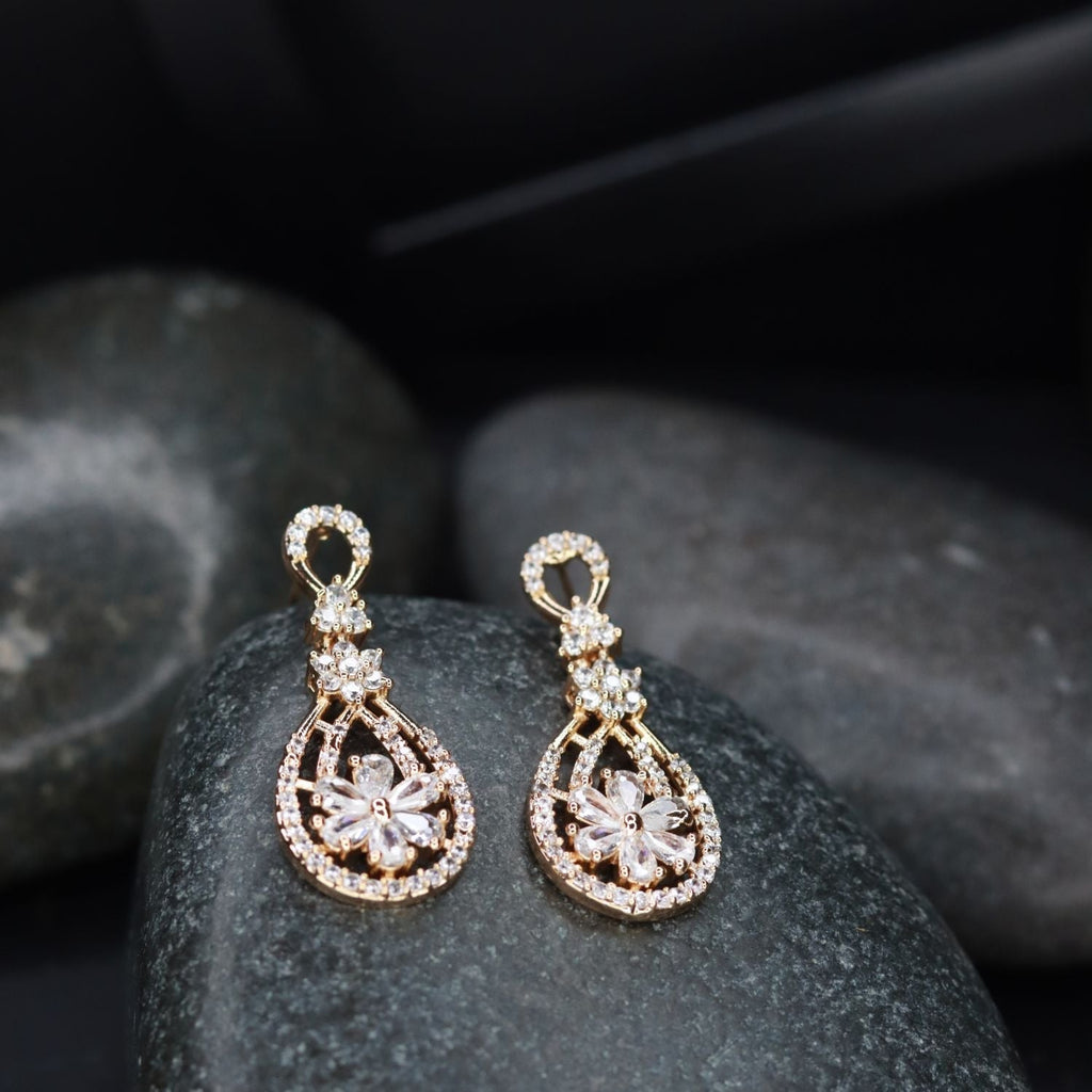 Stylish Latest Fashion Rose Gold-Polished & White AD Drop Earrings for Women - Wahe Jewels - Swadesiicart