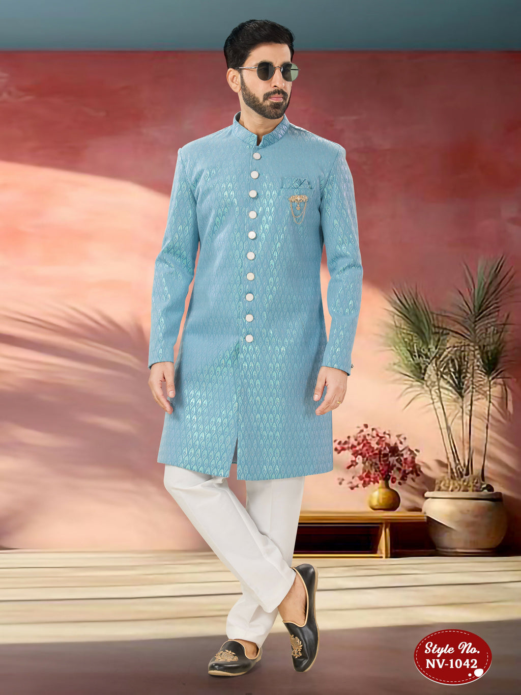 Joban Fashion Men's Blue Straight Imported Armani Thread And Sequence Embroidary All Over Indo-Western Kurta Set | Grocsy