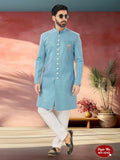 Joban Fashion Men's Blue Straight Imported Armani Thread And Sequence Embroidary All Over Indo-Western Kurta Set | Grocsy