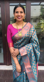 DEIANA'S Beautiful Designer Golden zari Soft Lichi Silk Saree - Blue | Grocsy