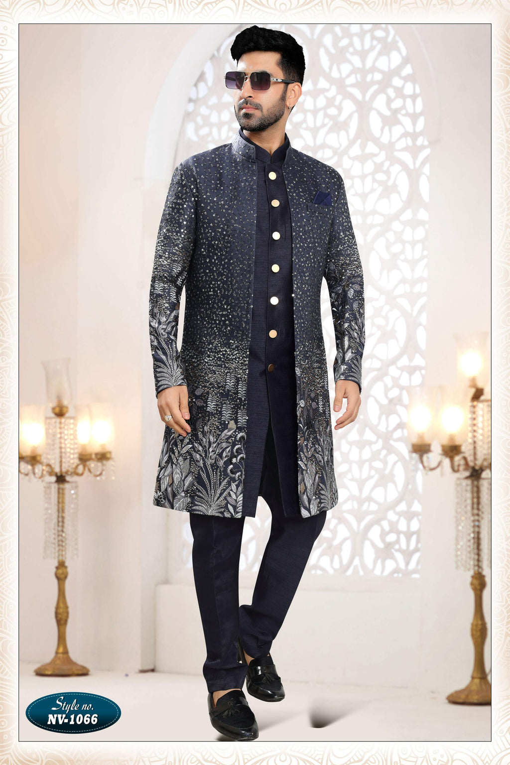 Joban Fashion Men's Blue Straight Silk Thread And Sequence Embroidery All Over 3 Pc Kurta Set | Grocsy