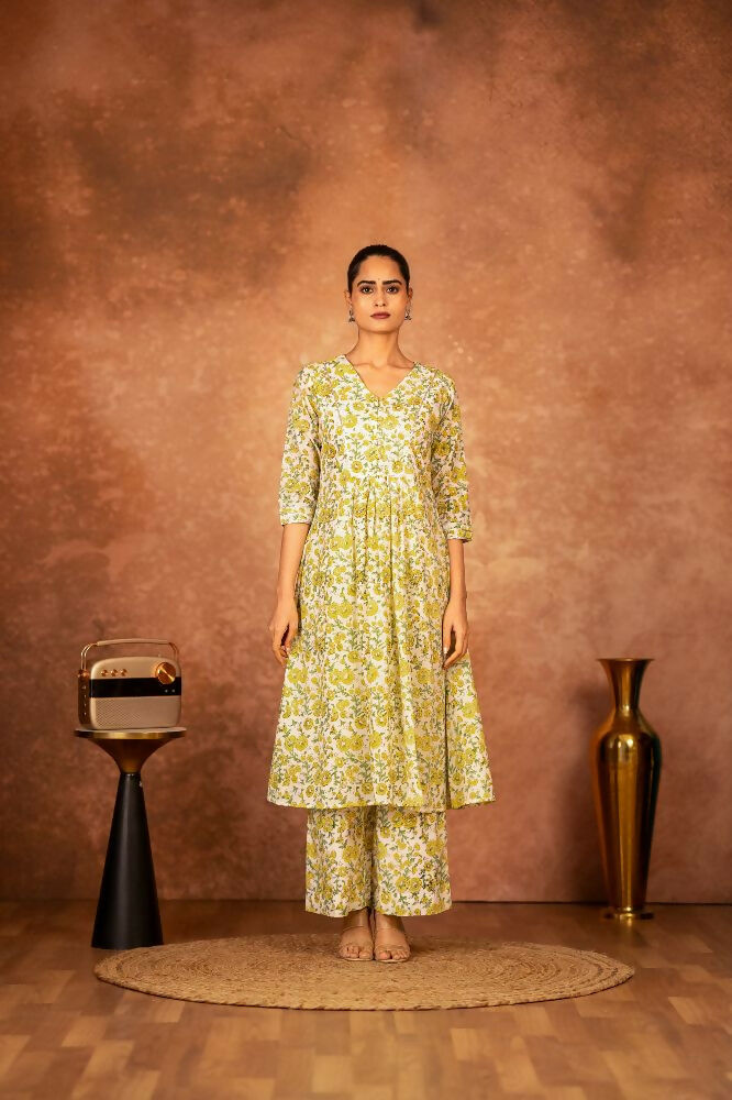 Joban Fashion Yellow Hand Block Printed Cotton Suit Set | Grocsy