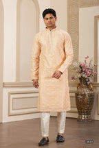Raivat Ethnic Men's Art Silk Thread Work Kurta Pyjama In Peach Colour | Grocsy