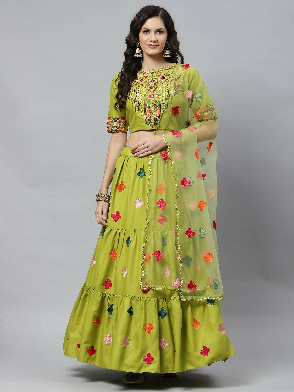 Green Cotton Embroidered Work Lehenga Choli with Dupatta - Jivika | Grocsy