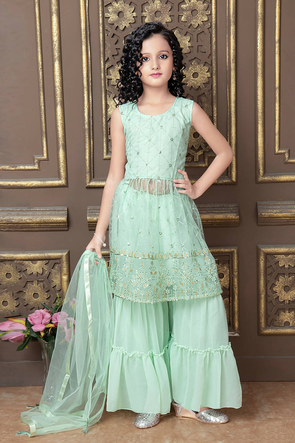 Kids Wedding Designer Teal Pure Finest Soft Net Sharara Suit - Aaradhna | Grocsy