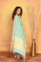 Very Much Indian Handloom Pure Cotton Paithani Dupatta - Sea Green | Grocsy