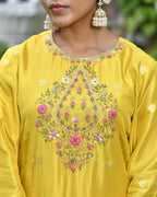 Vaasva Women's Silk Mustard Emboidered Solid Kurta, Sharara & Dupatta Set | Grocsy
