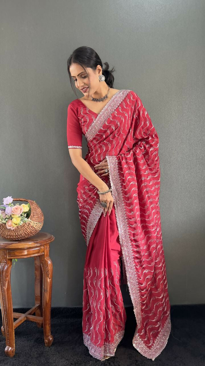 Vastranavya Pink Chinnon Silk Embroidery Multi Sequence & Arco Cut Work Ready to Wear Saree | Grocsy