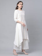 Ahalyaa Women's Off white Pure Cotton Printed Asymmetric Kurta Palazzo Set | Grocsy