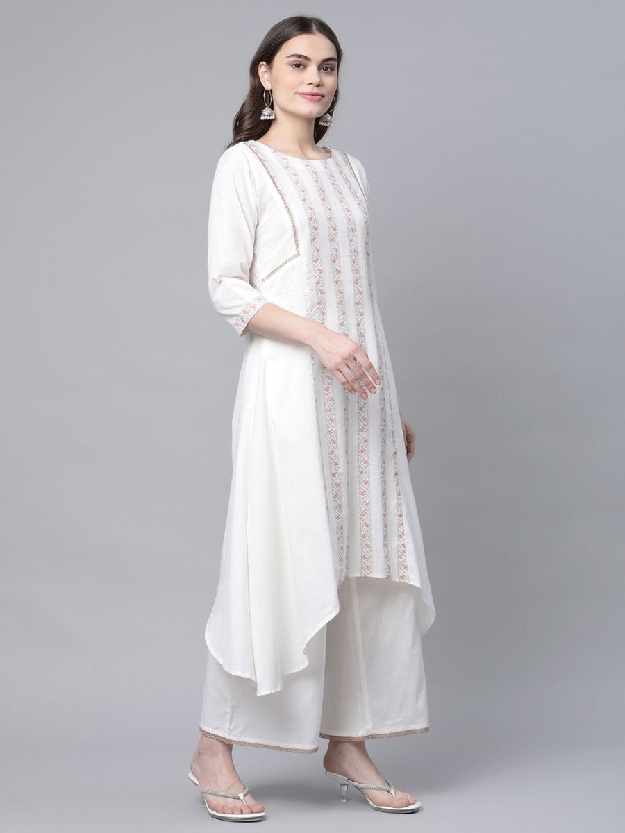 Ahalyaa Women's Off white Pure Cotton Printed Asymmetric Kurta Palazzo Set | Grocsy