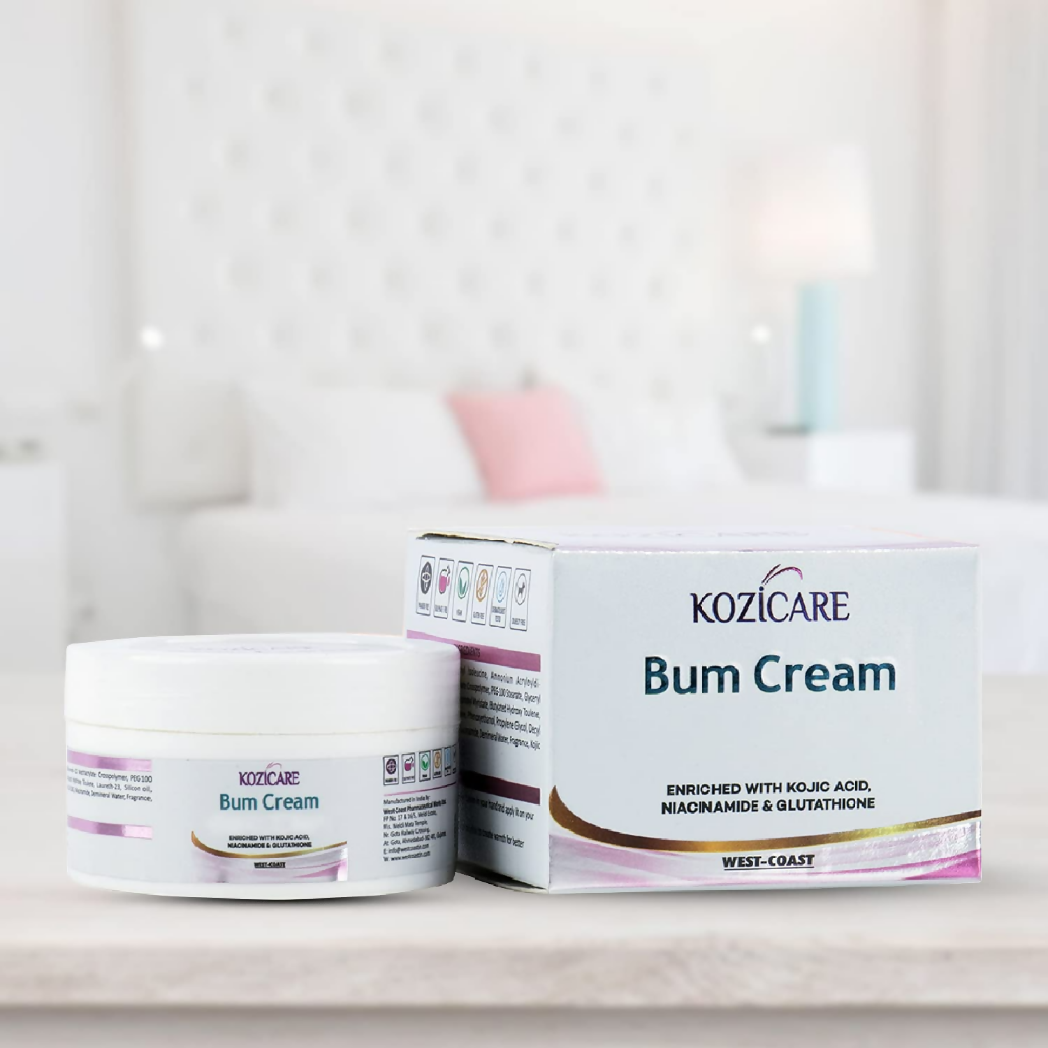 Healthvit Kozicare Bum Cream with 0.01% Glutathione, 1% Niacinamide | Grocsy