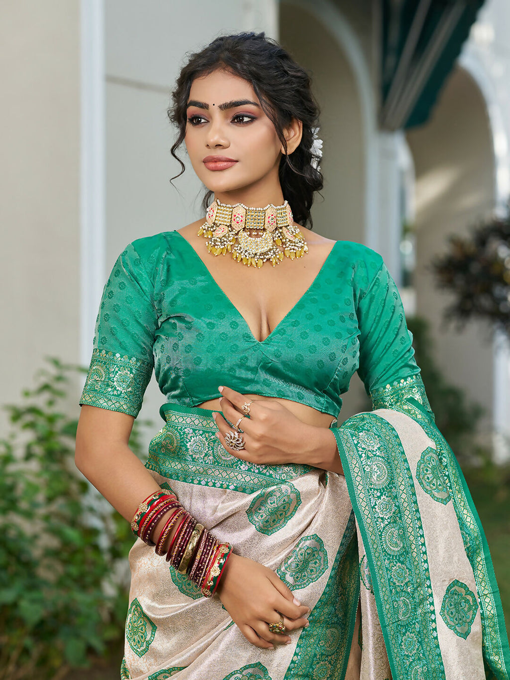 Shree Shyam Fashion Cream With Sea Green Silk Blend Saree | Grocsy
