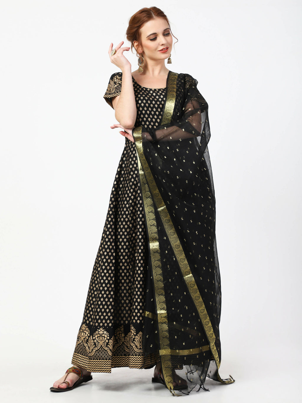 Cheera Women's Black Cotton Hand Block Print Long Dress With Silk Dupatta Set | Grocsy