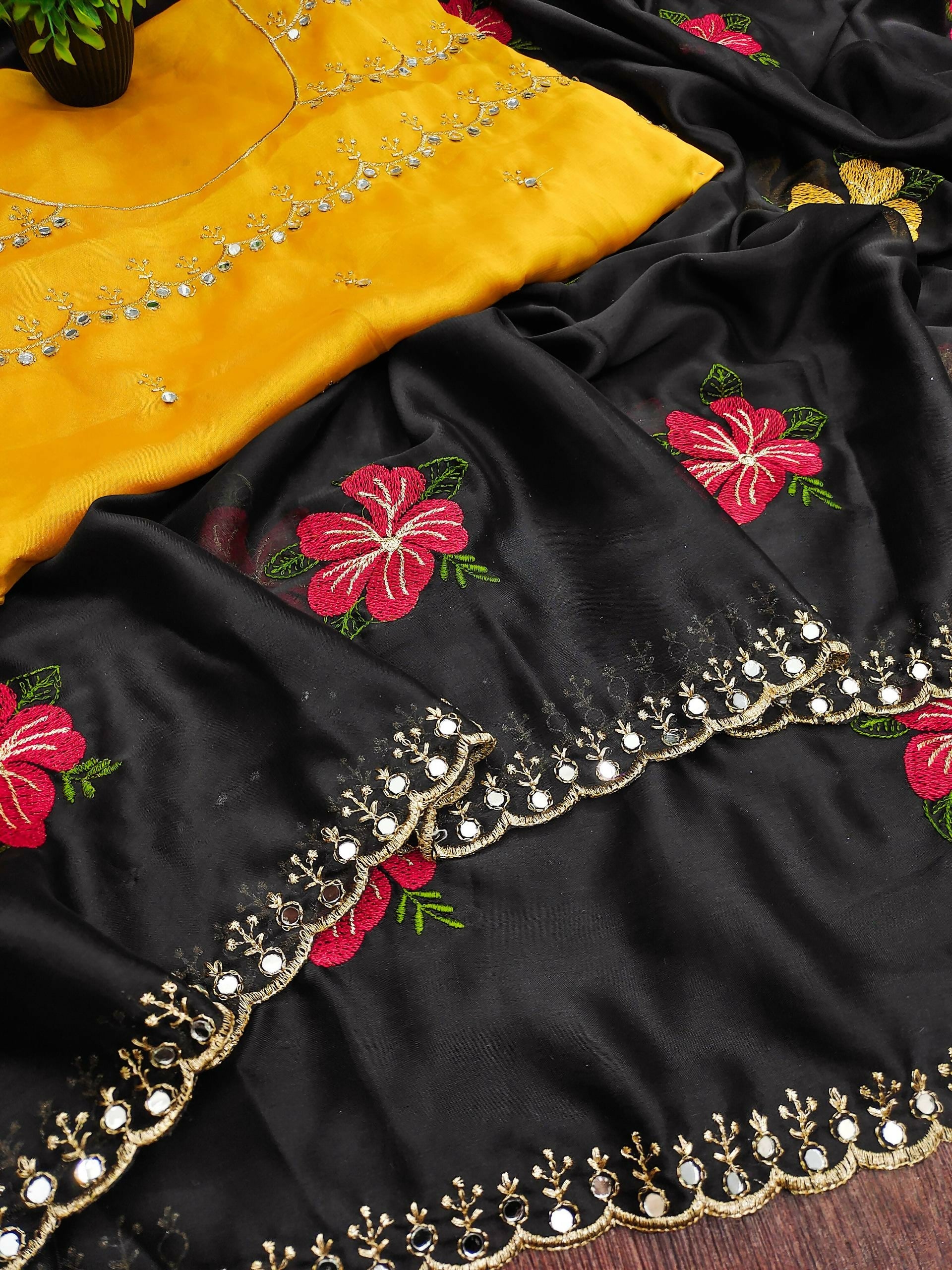 Teeya Creation Black Rangoli Silk Embroidery Work Party Wear Designer Saree | Grocsy