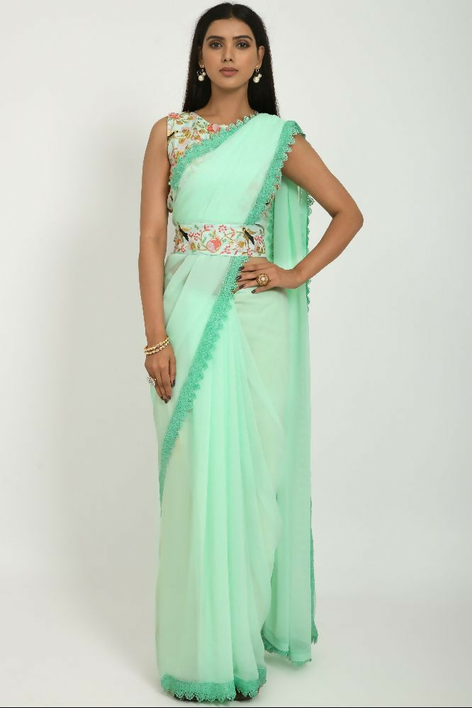 PR Fashion Pista Georgette Gpo Lace Saree | Grocsy