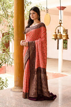 Joban Fashion Coral Crepe Chiffon Pure Handloom Banarasi Silk Saree | Grocsy