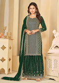 Mesmeric Green Faux Georgette Palazzo Suit with Embroidery - Emponline | Grocsy