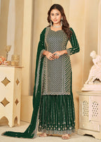 Mesmeric Green Faux Georgette Palazzo Suit with Embroidery - Emponline | Grocsy