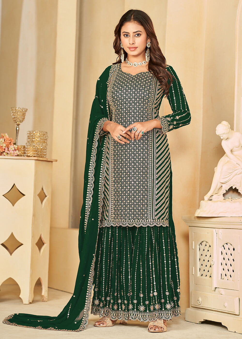 Mesmeric Green Faux Georgette Palazzo Suit with Embroidery - Emponline | Grocsy