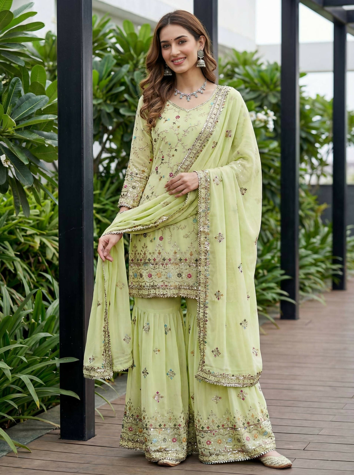 Teeya Creation Pista Faux Georgette Multi Thread Work Wedding Wear Sharara Set | Grocsy