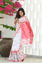Beatitude White Cotton Jamdani Saree | Grocsy
